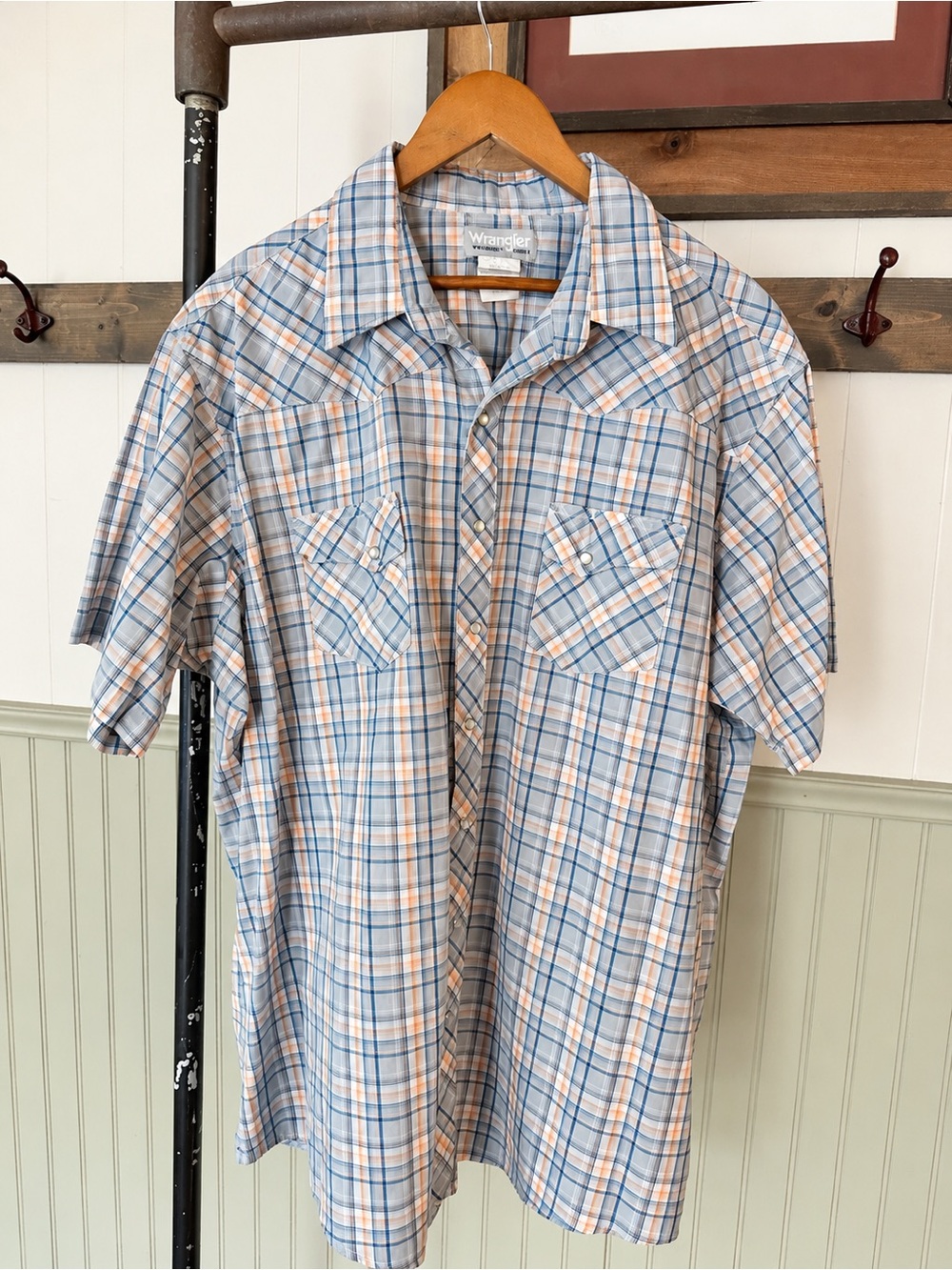 Wrangler Wrancher Men’s 2XT Tall Plaid Pearl Snap Short Sleeve Western Shirt